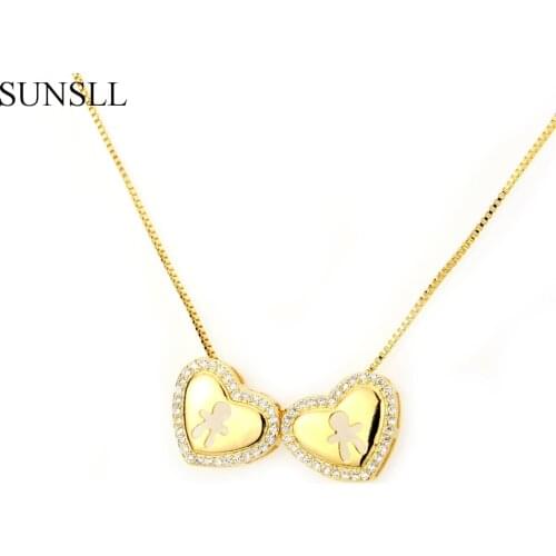 SUNSLL 2 Color Copper Cubic Zirconi Boy And Girl Kids Heart Children Pendant Necklaces Womens Fashion Jewelry Cobre CZ Colar