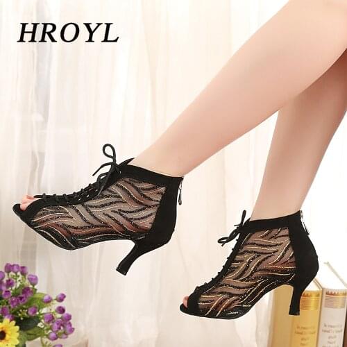 HROYL Latin Dance Shoes For Women Suede + Satin And Black Red African print Salsa Dance Shoes Womens Ballroom Dance Sandal