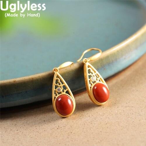 Uglyless Water Drop Hollow Earrings for Women Natural Agate Jade Gemstones Ethnic Earrings Real 925 Silver Brincos Gold Bijoux