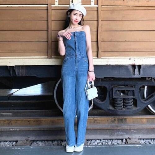 High Waist Wide Leg Overalls Elegant Womens Strapless Sleeveless Strapless Full Length Blue Backless Tube Top Denim Jumpsuit