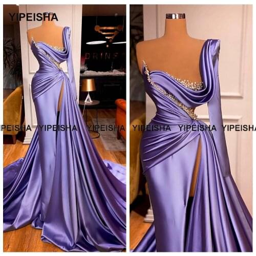 Yipeisha Lavender Mermaid Evening Dresses Luxury 2021 Long Sleeves Glitter Rhinestones Side Slit Prom Dress Pageant Party Gown
