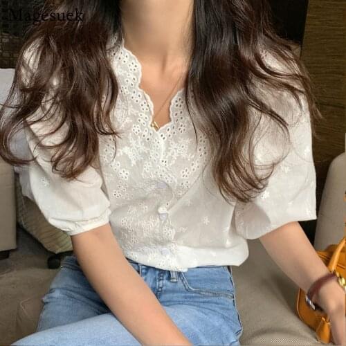 Korean Hollow Embroidery Women Tops 2021 Summer V-neck Blouse Puff Short Sleeve Casual Fashion White Cotton Woman Shirts 14545