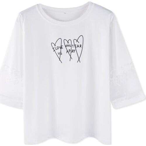 Neatie kiddie Casual White T-shirt Letter Print Lace Patchwork Three Quarter Sleeve Summer 2019 Women Clothes Tee Shirt Femme