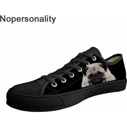 Nopersonality Black Canvas Shoes Cute Pug Dog Prints Lace Up Vulcanized Shoes for Women Ladies Casual Flat Sneakers
