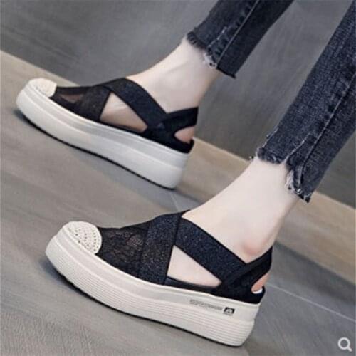 2021 Summer And Autumn New Thick-Soled Sponge Cake Lace Lazy One-Footed Love Sandals Non-Slip Mesh Fisherman Shoes Women
