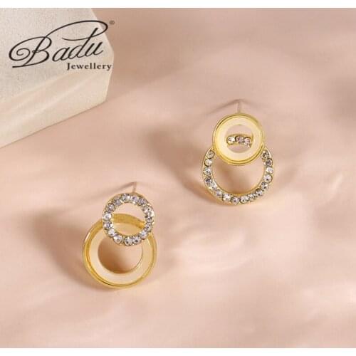 Badu 2021 Korean Simple Double Circle Gold Color Metal Rhinestone Stud Earrings for Women Fashion Small Pendientes Jewelry Gifts