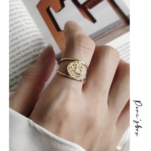 PerisBox Double Circle Portrait Mermaid Rings Textured Round Coin Geometric Rings for Women Minimalist 925 Sterling Silver Ring