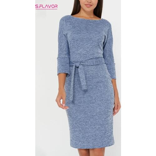 S.FLAVOR Fashion Women Slim Sheath Dress 3/4 Sleeve O-Neck Office Lady Bodycon Dress Elegant Solid Knee Length Casual Dress