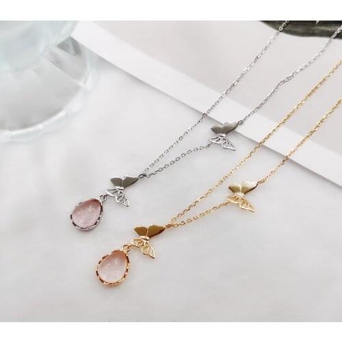 BUDROVKY S925 Sterling Silver Butterfly Transparent Pink Spar Clavicle Chain Temperament Cute Design Sense Necklace Jewelry
