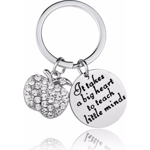 12PC/Lot It Takes A Big Heart To Teach Little Minds Crystal Apple Charm Keychain Stainless Steel Keyring Teachers Key Chain Gift