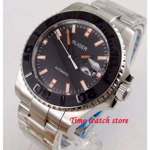 43mm BLIGER mechanical auto watch men waterproof stainless steel black dial luminous sapphire ceramic bezel Miyota wrist 178