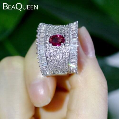 BeaQueen Luxury Crown Shape Cubic Zircon Stone Pave Big Rose Red Crystal Large Women Wedding Bands Finger Rings Jewelry R050