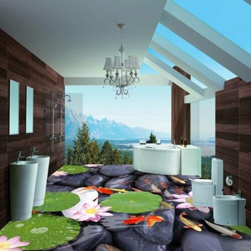 Free Shipping hotel living room flooring painting High-end atmosphere Lotus Koi self-adhesive PVC floor wallpaper mural