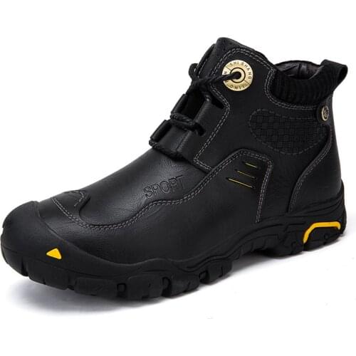Leather Shoes Men Outdoor Hiking Shoes Non-Slip Genuine Leather Winter Velvet Warm Boots Casual Waterproof Shoes Classic Men 46