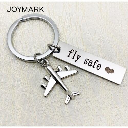 JOYMARK Fly Safe Stainless Steel Keyring Laser Engraved Letter Aircraft Charm Keychain Fashion Couple Gift GKC001