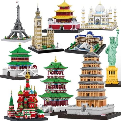 City Architecture Micro Building Blocks Eiffel Tower Big Ben Paris Taj Mahal Liberty Moscow Church Model Brick Educational Toys