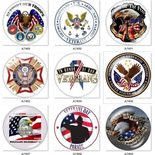 VETERANS ARMY 12mm/18mm Round glass cabochon flat back Making findings snap button jewelry A7488