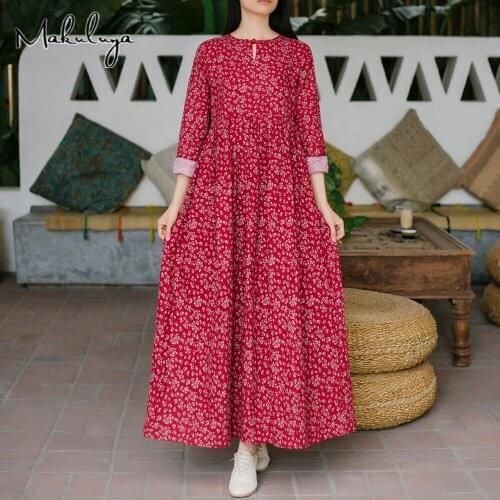 Makuluya Folk Style Vintage Red Floral Womens New Literary Female High Waist Long Sleeve Loose Cotton Dresses Spring Autumn QW