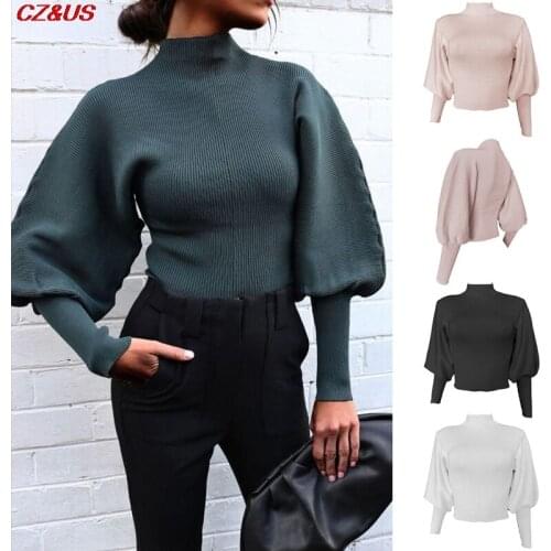 Fashion Short Jumpers 2021 Autumn Winter Leisure Comfort Turtleneck Sweaters Pure Color Casual Lantern Long Sleeve Knitted Tops