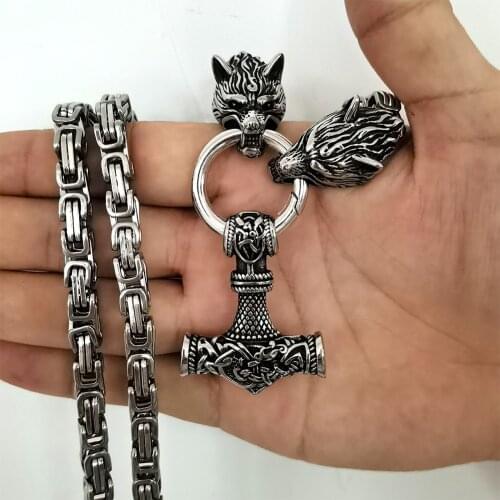 Men stainless steel Wolf head norse viking amulet thor hammer pendant necklace viking king chain