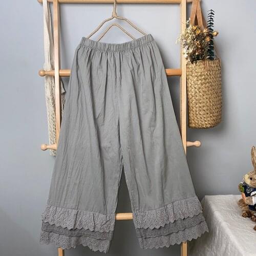 New Autumn Women Pants Japan Style Mori Girl Lace Wide Leg Pants Cotton Loose Casual Women
