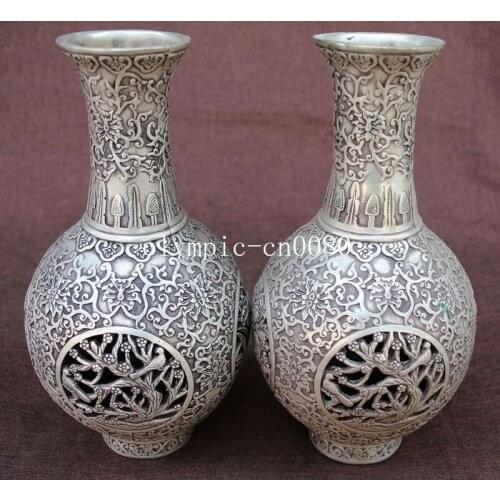 Pair 10'' bronze copper silver plating hollow out carvings flowers vase statue