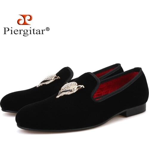 Piergitar 2021 New Style Men Velvet Shoes with Fox Rhinestone buckle Wedding Loafers Smoking Slipper Men Flats Size US 4-17
