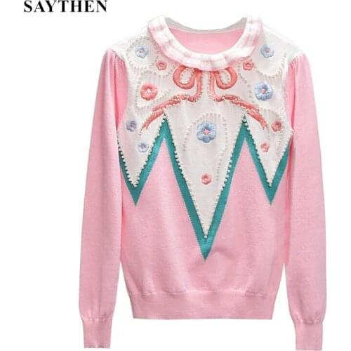 SAYTHEN Pink Floral Embroidery Women Sweaters 2021 Autumn Winter Slim Women Pullover Knitted Sweater Jumper Sweet Cute Tops