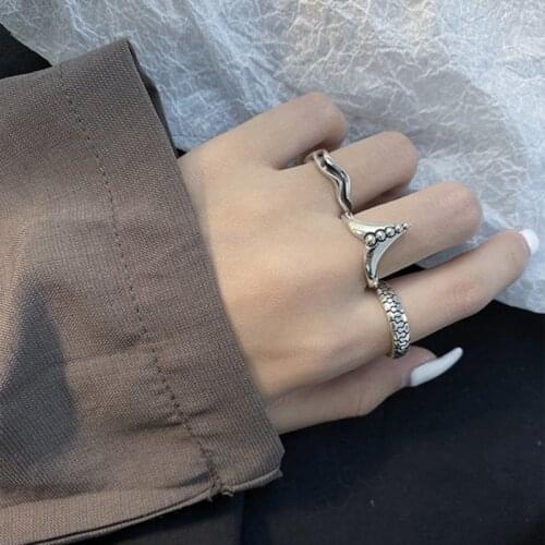 Silvology 925 Sterling Silver Wave Bead Rings Retro Do The Old Texture Japan Korea Design Punk Rings for Women Hiphop Jewelry