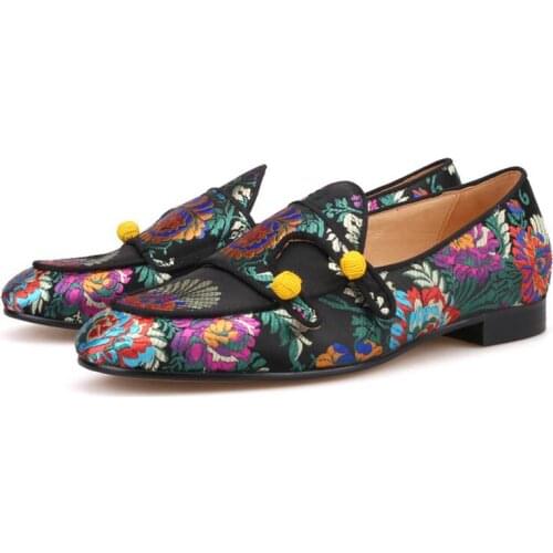 Shooegle Luxury Mixed Color Silk Embroidered Floral Prom Wedding Shoes Man Slip On Casual Flats Double Monk Strap Men Loafers