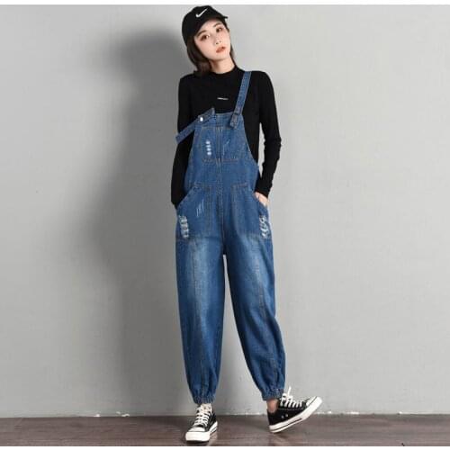 Oversize Loose Jeans Fashion Suspender Trousers Student High Waist Pants Broken Hole Pocket Denim Overalls Women Cowboy Jumpsuit