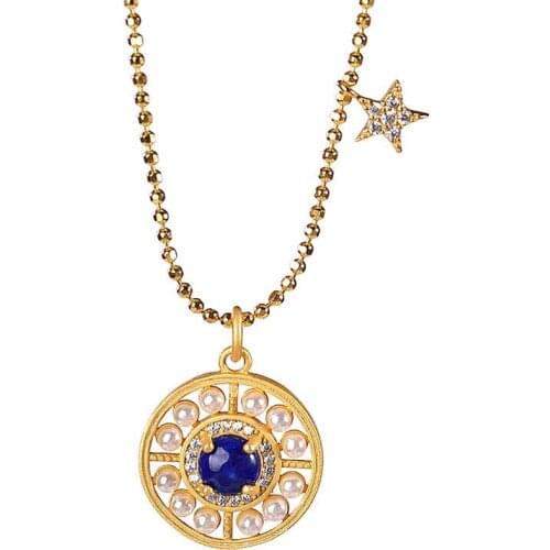 S925 sterling silver Gold plating Natural Lapis lazuli Pearl Chain set Personality Round beads chain Ladies' pendant Pendant
