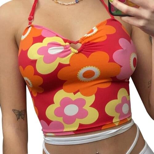 Women Crop Cami Tops, Sexy Sleeveless Halter Neck Floral Print Cut Out Slim Fit Camisole New Fashion 2021