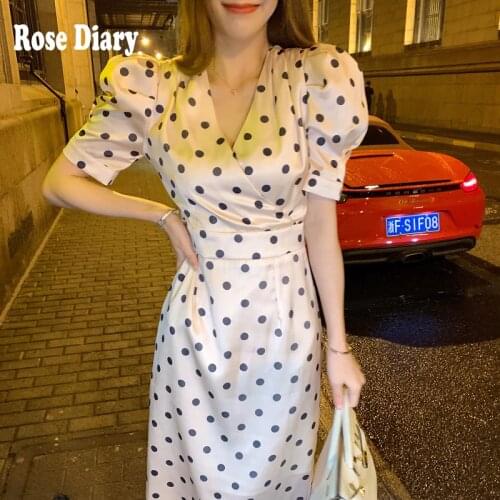 RoseDiary New 2021 Women Summer V-neck Hepburn Puff Sleeve Vestidos Office Lady Short Sleeve Dot Female Party Midi Dress