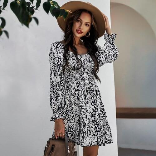 Black and White Leopard Print Female Mini Dress Petal Sleeve A Line French Square Collar Elastic Waist Elegance Vestido De Mujer