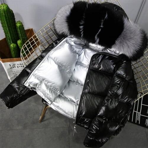 Winter Jacket White Duck Down Parkas Women Gold Silver Double Side Coat Big Aritificial Fur Hooded Female Down Overcoat