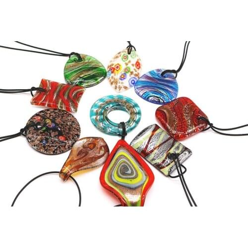 10PCS Fashion Personality Boho Style Murano Glass Pendant Necklace Sweater Chain Square Ring Leaf Pattern Jewelry Accessories