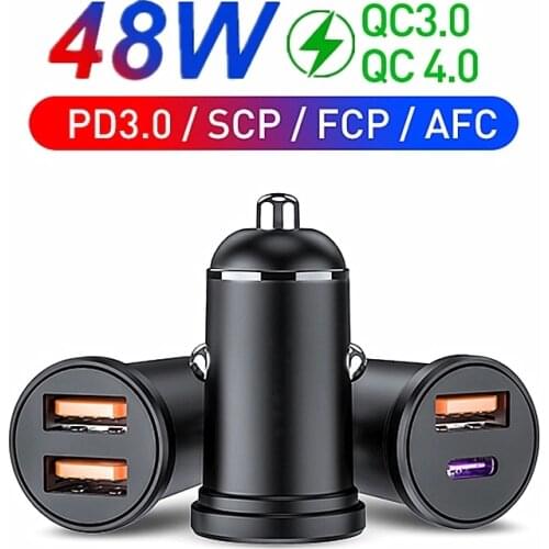 Mini USB Car Charger Quick Charge 4.0 PD QC 3.0 48W Fast Charging Charger For iPhone 12 11 Huawei Xiaomi Mi Type C Mobile Phone