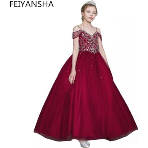 Flower Girls Dress Beading Tulle Tutu Kids First Communion Dresses Girls Princess Pageant Party Ball Gown for Bridal Wedding