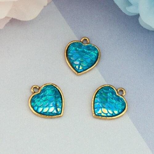 DoreenBeads Zinc Alloy Mermaid Fish Scale Charms Heart Gold Tone Antique Gold Colorful AB Color Approx 16mmx 14mm( 4/8"), 10 PCs