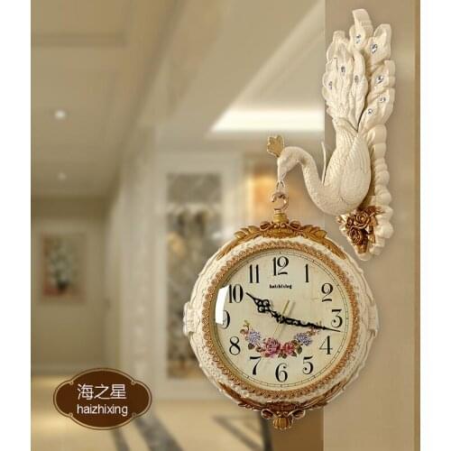 European-style Double-sided Wall Clock Peacock Decorated Living Room Porch Wall Clock Silent Quartz Two Sides Wall Clocks