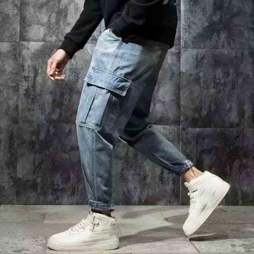 Trendy 2020 elastic waist overalls mens casual pants loose jeans spring and summer Harem pants mens wild beam denim jeans