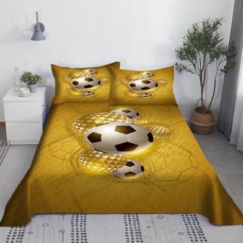 Gold Soccer Bed Sheet Set Cartoon Football Digital Print Polyester Bed Flat Sheet and Pillowcase Full Size 3pcs for Boys Teens