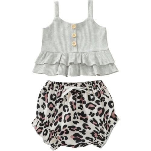Girl’s Summer Two Piece Set Fashion Solid Color Ruffles Suspender Tops and Leopard Triangle Short Pants