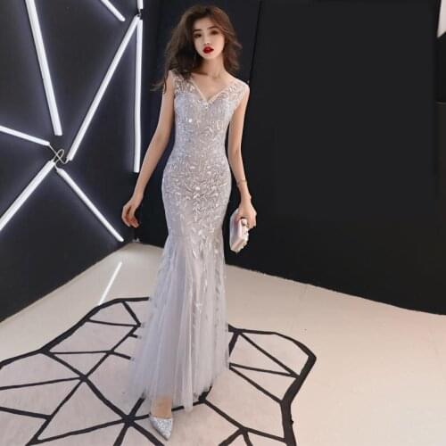 Summer Fashion Sexy Silver Lace Traditional Elegant Chinese Dress Women Modern Party Gown Long China Style Evening Dresses