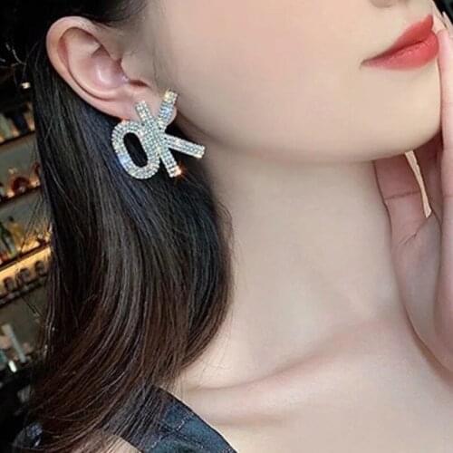 2020 NEW Simple Women Temperament OK Earrings Shining Rhinestone Letter Office career Fashion insider Korean Charm
