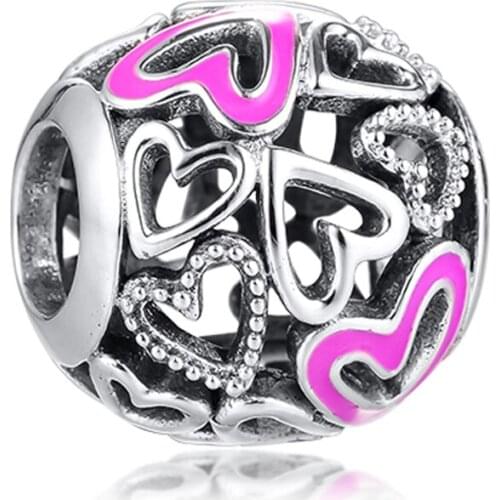 QANDOCCI New 925 Sterling Silver Pink Openwork Freehand Heart Charms Beads for Jewelry Making Fits Original Bracelet kralen