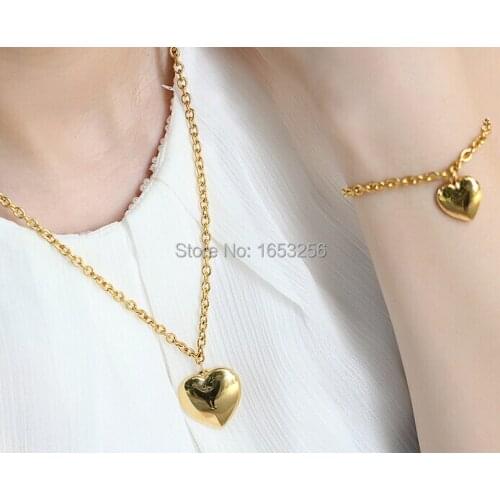 One Set Gold Stainless Steel Charming Love Heart Tag Necklace & Bracelet Matching Jewelry Set For Wife / Girlfriend Gifts
