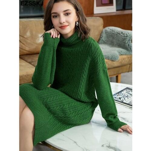 2021 autumn winter thick straight maxi sweater dress women high neck long sweater dress elegant female loose Warm maix dress