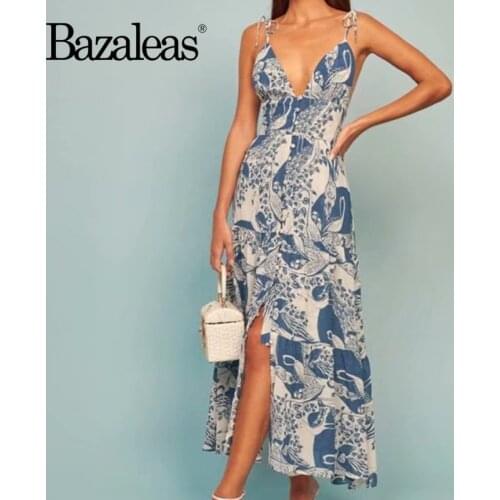 Bazaleas Casual Elastic Split vestidos Sexy Adjust Spaghetti strap midi Dress Elegant Blue Animal Print Women Summer dress
